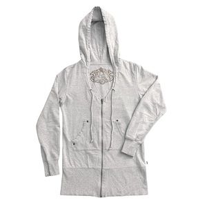 Y2K Gray Zip Up Hooded Longline Sweatshirt Longsleeve LA Kitty Medium